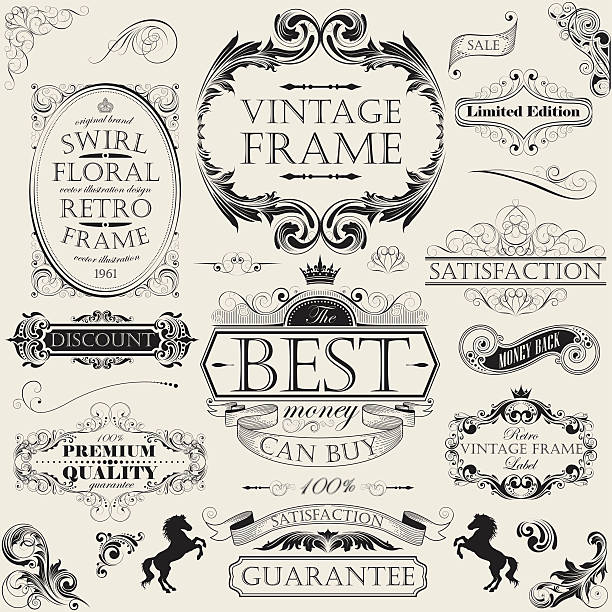 세트 다양한 소용돌이 플로럴 복고풍 프레임 - simplicity placard certificate victorian style stock illustrations