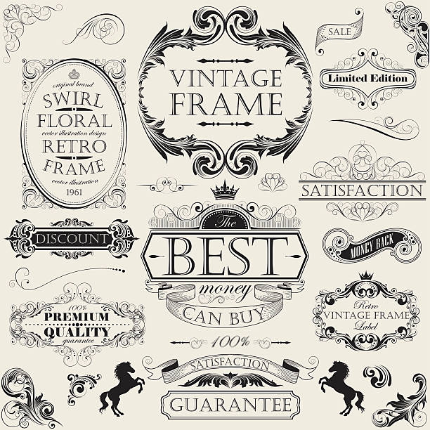 Set of a swirl floral retro frames Collection of frames on different design and sizes, decorated with swirl floral ornaments and ribbons. File contain EPS8 and large JPEG. frame outline silhouette stock illustrations