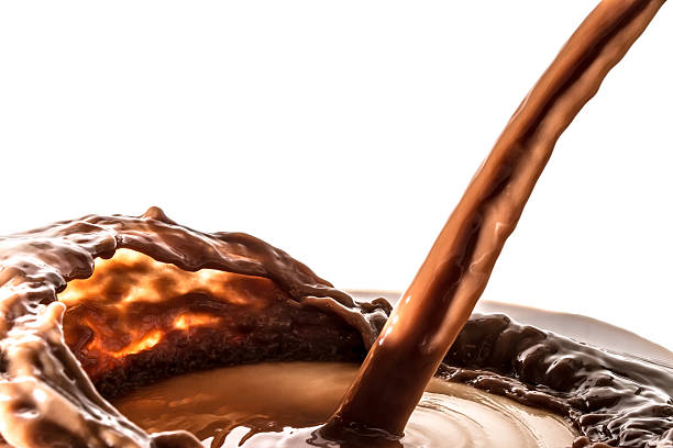 pouring stream jet of chocolate, cocoa, isolated on white