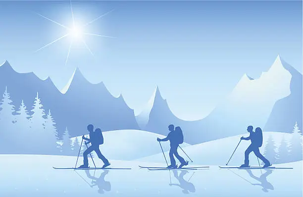 Vector illustration of Skiers on tour in the mountains at sunshine