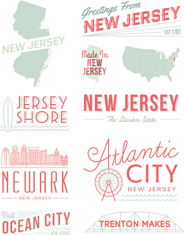 A set of vintage-style icons and typography representing the state of New Jersey, including Atlantic City, Newark, Trenton and more. Each items is on a separate layer. Includes a layered Photoshop document. Ideal for both print and web elements.