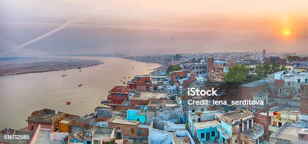 Sunset View Over Varanasi During Kite Festival Stock Photo - Download Image Now - Architecture, Blue, Culture of India
