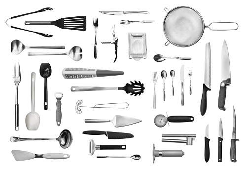 Realistic kitchen equipment and cutlery collection isolated on white