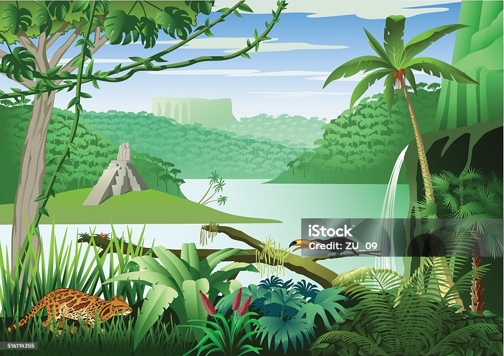  Ilustración de Jungle Paisaje Con Muchos Animales Y Plantas En y más Vectores Libres de Derechos de Bosque pluvial