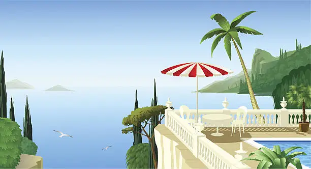 Vector illustration of Mediterranean landscape with a terrace, a beautiful place to relax