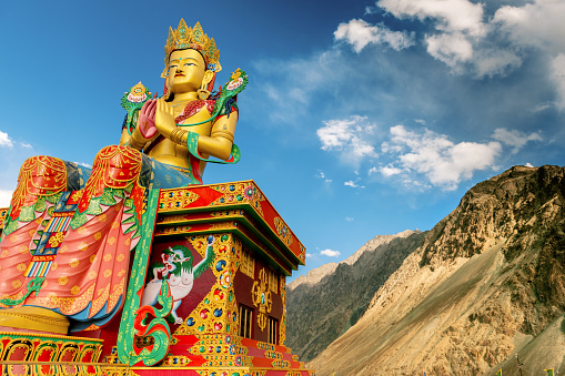 32 m(100ft) statue of Maitreya Buddha in Nubra Valley, facing down the Shyok River towards Pakistan,Northern India.Nikon D3x
