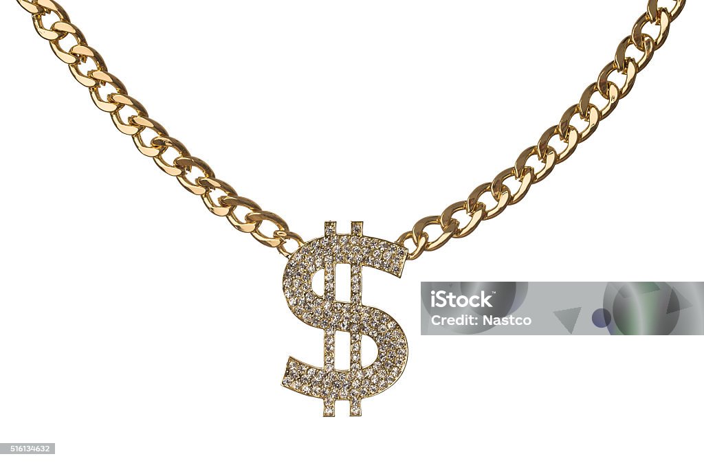 Golden chain with diamond dollar symbol Golden chain with diamond dollar symbol isolated on white background Gold Chain Necklace Stock Photo