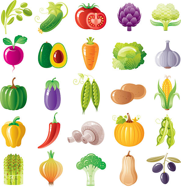 овощи икона set - vegetable asparagus cauliflower legume stock illustrations