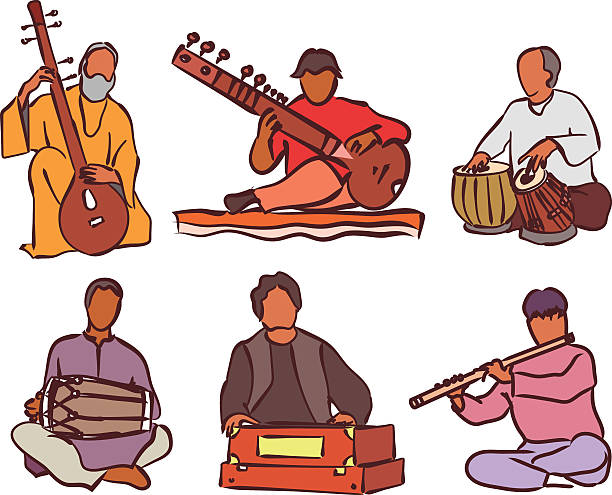 Indian musician set Indian musician playing traditional musical instruments. Vector isolated set indian music stock illustrations