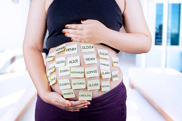 istock Pregnant belly with baby names 516138595
