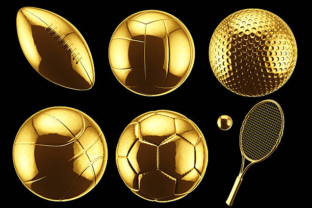 Golden Sport Balls Set of golden sport equipments on black. Clipping path included tennis ball container stock pictures, royalty-free photos & images