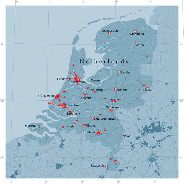 Netherlands Vector Road Map Detailed vector map of the Netherlands, including main cities, roads, rivers and lakes. The colors in the .eps-file are ready for print (CMYK). Included files are EPS (v10) and Hi-Res JPG (4922 x 4922 px). netherlands stock illustrations