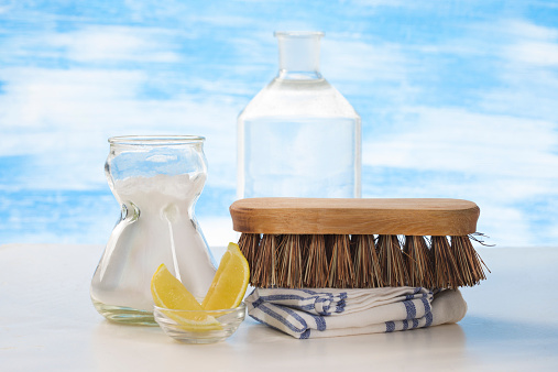 Eco-friendly natural cleaners Vinegar, baking soda, salt, lemon and cloth