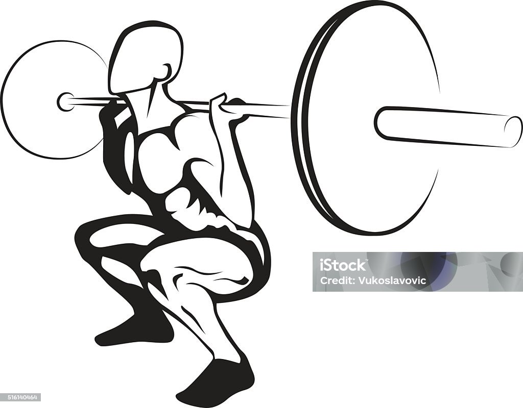 Weightlifting squat. Vector illustration Illustration of a man in krouching postition, performing a squat with weights. Vector illustration. Squatting Position stock vector