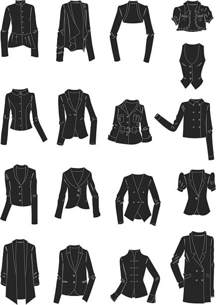 ilustrações de stock, clip art, desenhos animados e ícones de estilizadas silhuetas de mulheres casacos - bolero jacket