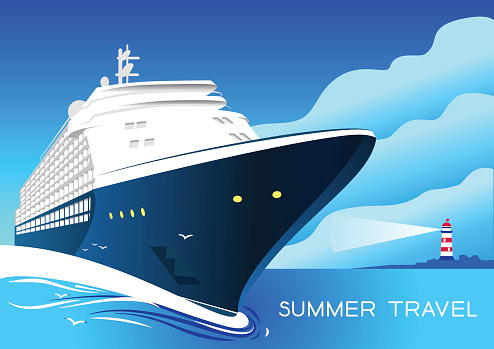 Summer travel cruise ship. Vintage art deco poster illustration.
