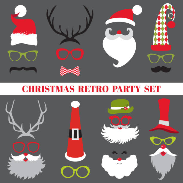 ilustraciones, imágenes clip art, dibujos animados e iconos de stock de conjunto de fiesta de navidad retro-gafas, sombreros, labios, mustaches, máscaras - santa claus christmas glasses mustache
