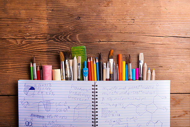 istock Various school and art supplies, wooden table, copy space 516143112