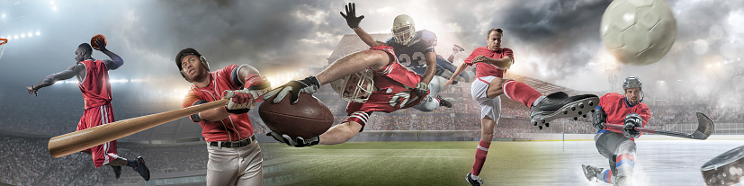 Composite image of male sports athletes in action – basketball player about to slam dunk, baseball player hitting ball, American football player about to score touchdown whilst being tackled, soccer player kicking ball and ice hockey player hitting puck. Background for each player is appropriate arena / stadium for each sport. 