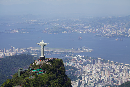 Rio de Janeiro, Brazil - December 28, 2013: Aerial view from a helicopter of Rio de Janeiro with the Corcovado mountain and the statue of Christ the Redeemer
