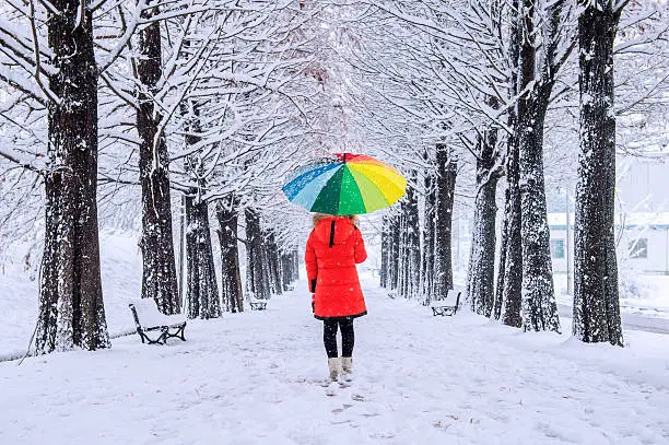 Photo of Girl with colourful umbrella walking on the path