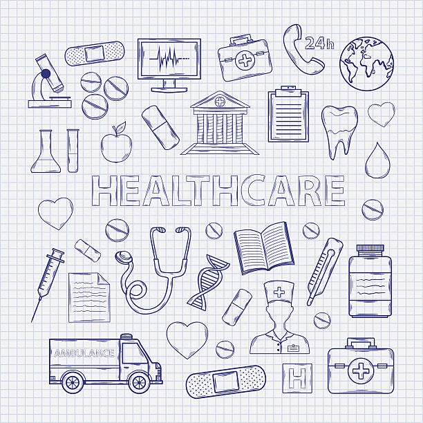 Health care set on the notebook sheet Health care set on the notebook sheet.With:thermome ter stethoscope tablet capsule apple ambulance syringe tooth medical card Hospital Medical plaster phone computer microscope flask sheet appointment doctor drawings stock illustrations