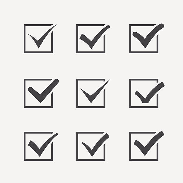 набор из девяти различных серый вектор галочки или флажки - yes no push button questionnaire stock illustrations