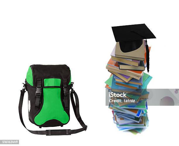 Student Hat On Books And Bag Stock Photo - Download Image Now - Achievement, Bag, Book