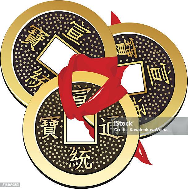 Vector Three Chinese Coins Feng Shui Tied With Red Ribbon Stock Illustration - Download Image Now