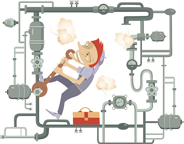 Mechanic Illustration Comic mechanic hardly tightens the bolt and repairs pipe construction natural gas pipeline clip art stock illustrations