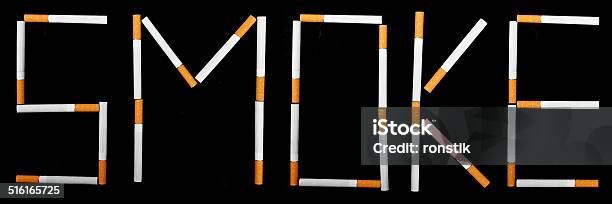 Text Smoke Made From Cigarettes Stock Photo - Download Image Now - Addiction, Anti Smoking, Black Background