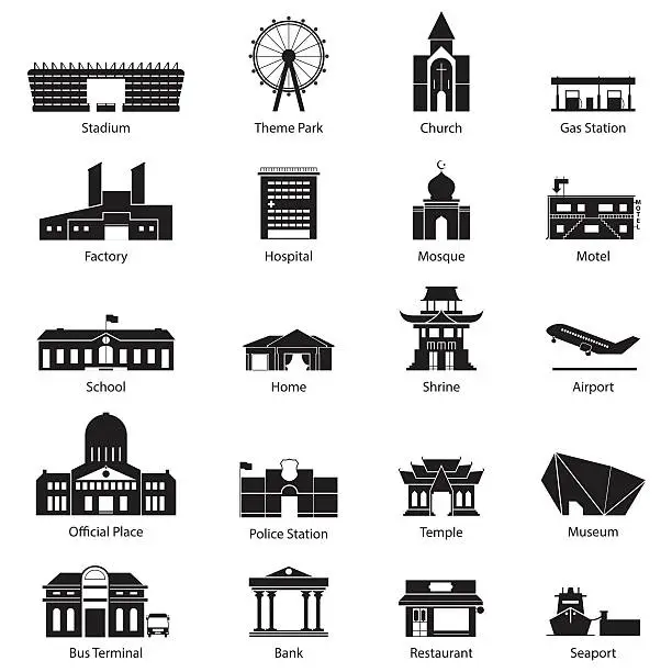 Vector illustration of Flat icon set of black and white city building.