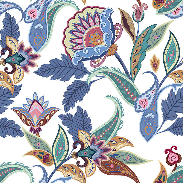 ilustrações, clipart, desenhos animados e ícones de fantasia de flores sem costura padrão de paisley - textile blue leaf paisley