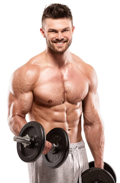 istock Muscular bodybuilder guy doing exercises with big dumbbell 516175060