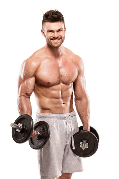 istock Muscular bodybuilder guy doing exercises with big dumbbell 516175246