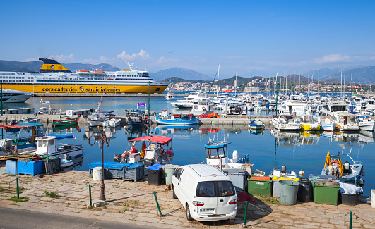 Ajaccio, France - June 29, 2015: Port of Ajaccio, the capital of Corsica, French island in the Mediterranean Sea. Summer morning