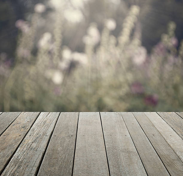 istock Empty old wood floor with blurred pink flower, vintage style 516176882