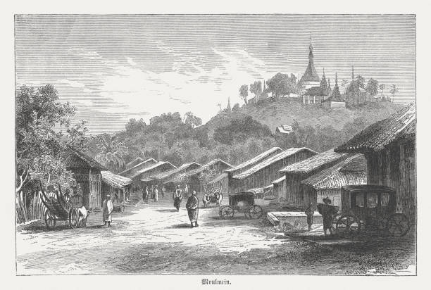 mawlamyine, myanmar, wood engraving, published in 1873 - burma home do 幅插畫檔、美工圖案、卡通及圖標