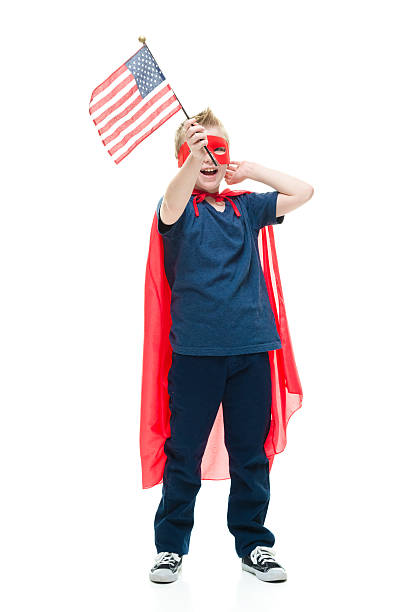 istock Little superhero holding American flag 516180212