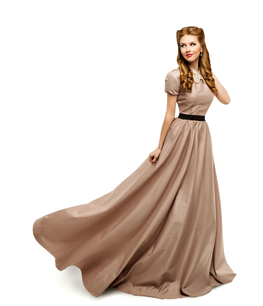 Woman Brown Dress, Fashion Model in Long Gown Turning over White Background