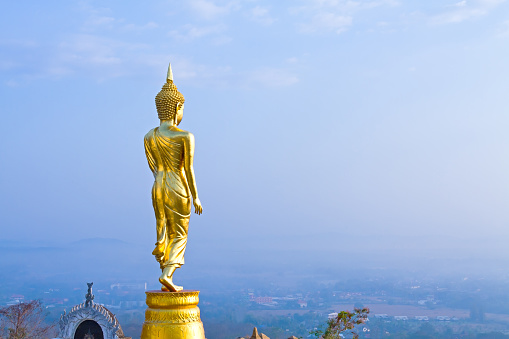 Morning Sunshine and sculpture gold Buddha with field at country of Nan, Thailand