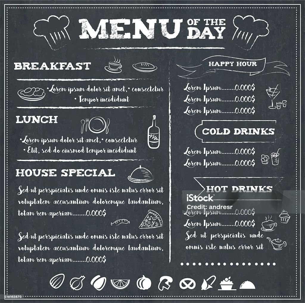 Menu of the day Illustration of a menu of the day in black and white to be edited Menu stock vector