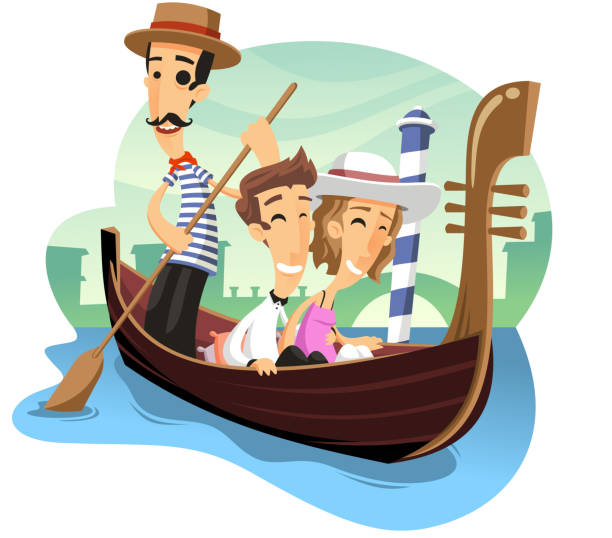 cartoon venedig mit der gondel - gondoliere stock-grafiken, -clipart, -cartoons und -symbole