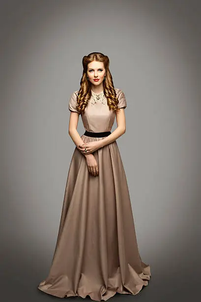 Woman Long Dress, Fashion Model in Historical Gown over Gray Background