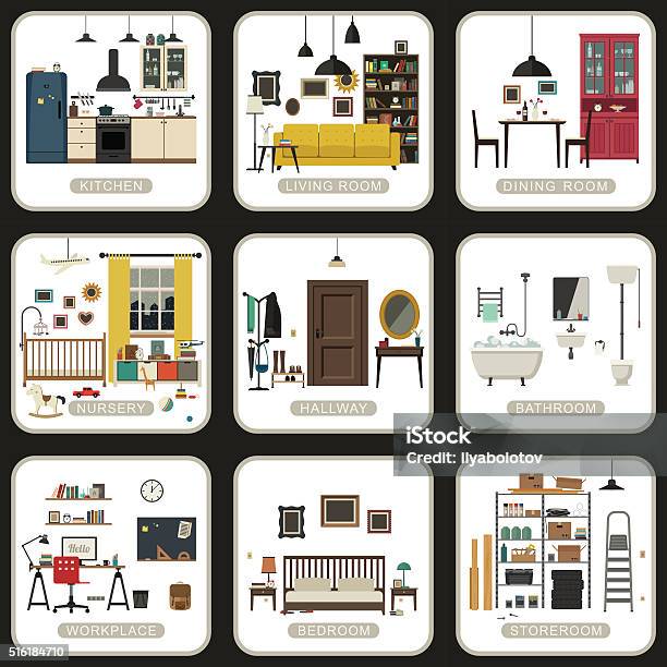 Set Of Interior Rooms Stock Illustration - Download Image Now - Kitchen, Group Of Objects, Cut Out