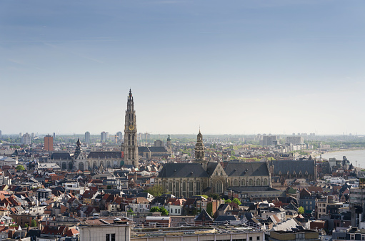 Aerial view on the Cathedral of Our Lady and the Church of Saint Paul in Antwerp, Belgium. viewed from Museum aan de Stroom