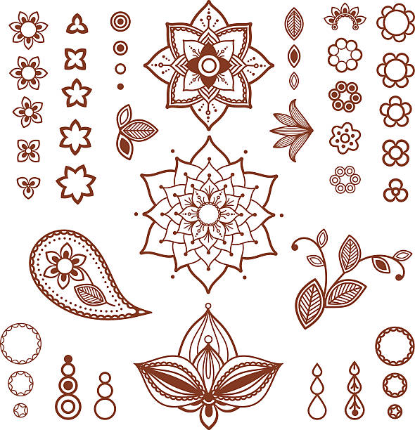 Henna ornamental floral elements. Mehndi style. Different types of flowers, petals, buds, leaves for mehndi tattoo design. mandala stock illustrations