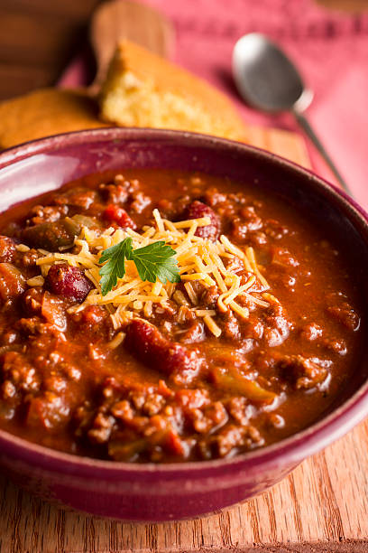 Chile Fresh Bowl of Chili with Corn Bread chili con carne photos stock pictures, royalty-free photos & images