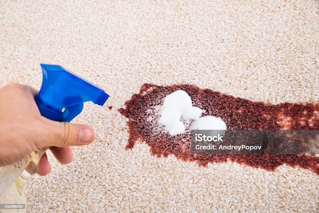 Person Spraying Cleaning Agent On Carpet Close-up Of Person's Hand Cleaning Stain On Carpet Cleaning Stock Photo
