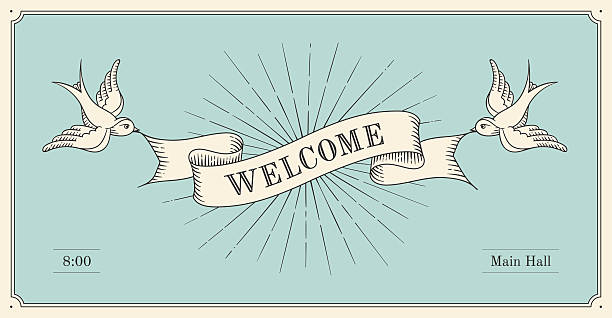 undangan dengan kata selamat datang, spanduk pita vintage lama dalam ukiran - tato kegiatan ilustrasi stok